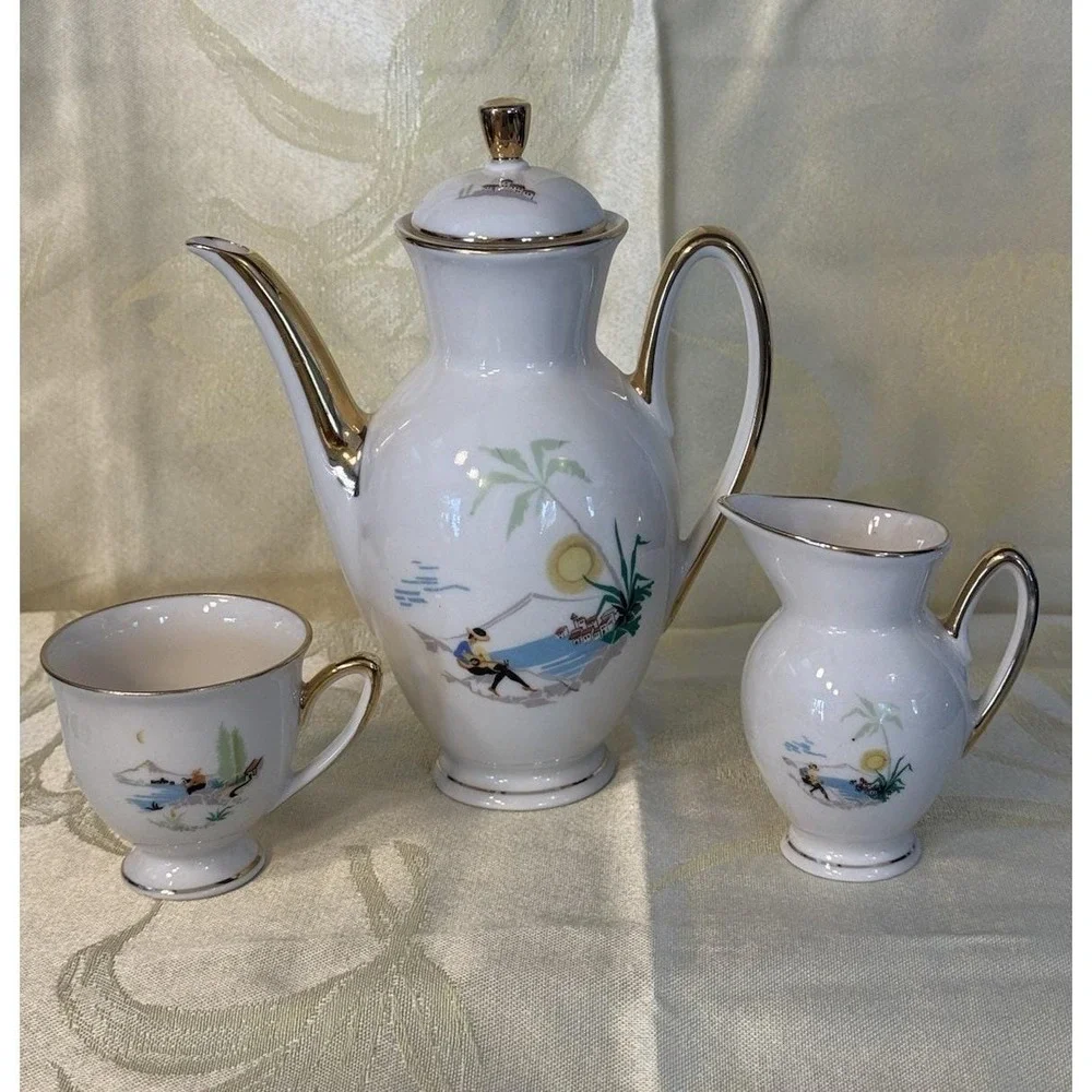 Antique Bavaria Germany Porcelain Coffee Chocolate Scenic Gold Trim 3 Pc 1920s